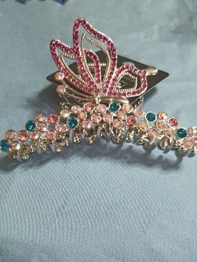 paparazzi Pink and Teal Rhinestone Butterfly Hair Clip